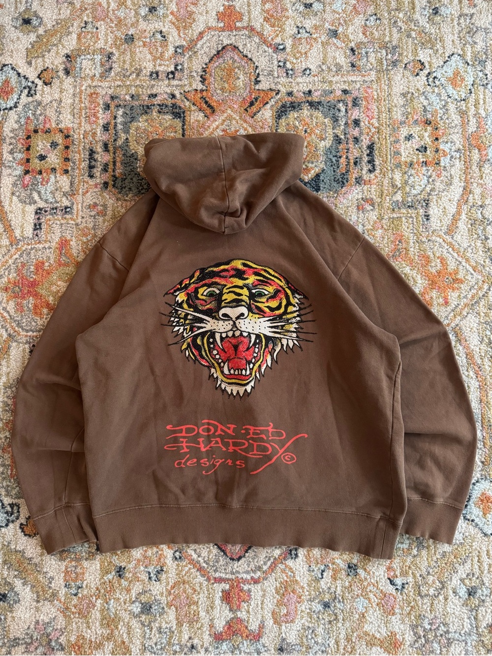 Ed Hardy Brown Graphic Hoodie with Rhinestone Tiger Motif